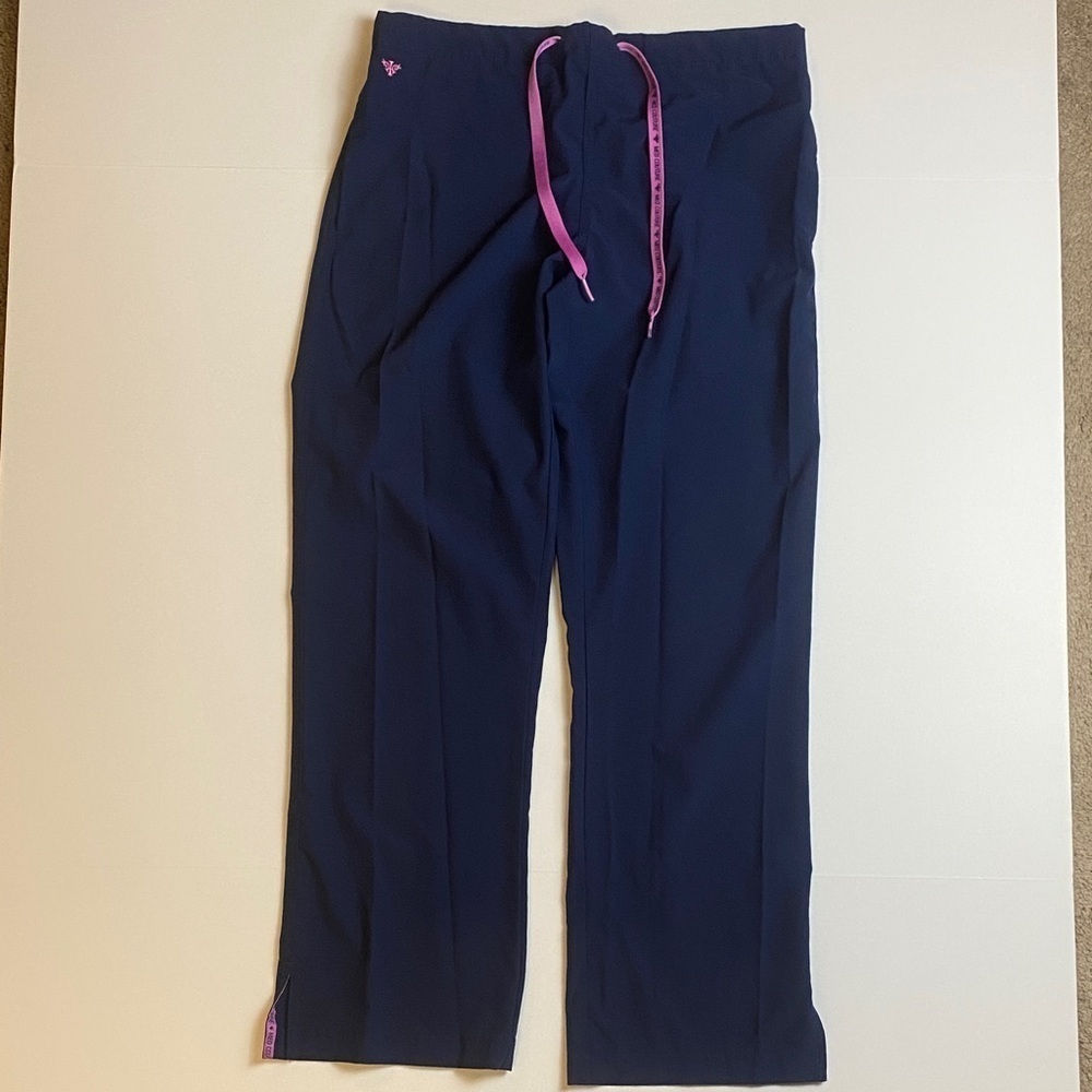 Med Couture womens 3 pockets scrub pants Navy with Pink Details